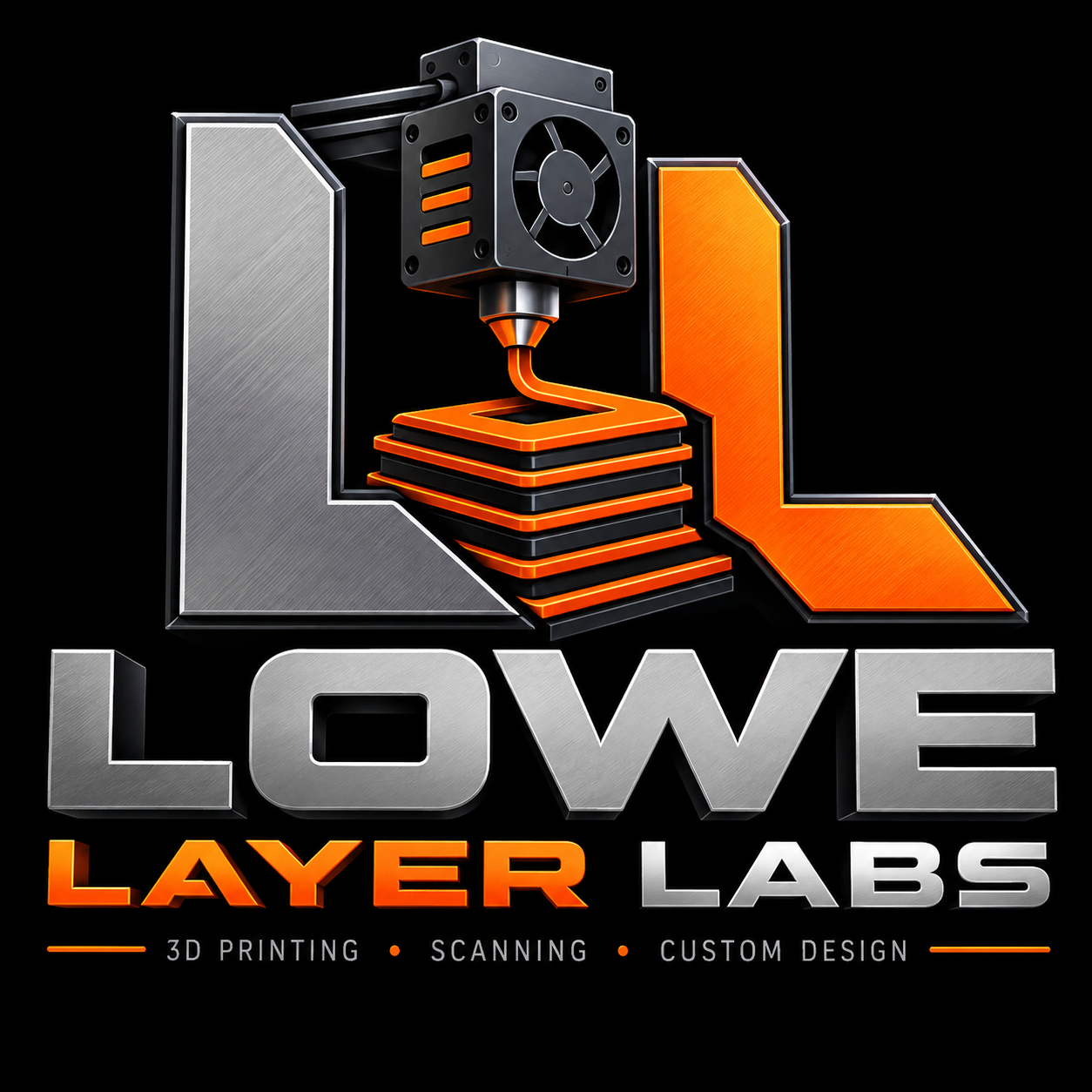 Lowe Layer Labs silver and orange 3D printer logo